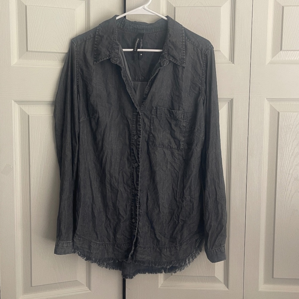 Liverpool women's black roll tab pocket denim tunic top.  #118
